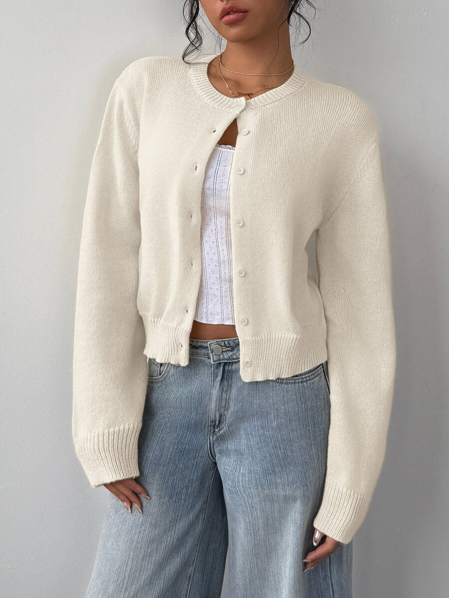 Elowen Round Neck Cropped Cardigan - Beige