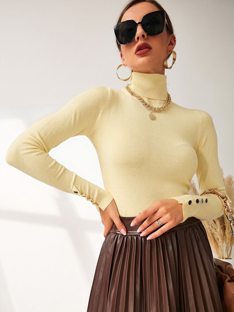Leuven Ribbed Mock Neck Fitted Sweater with Button Cuffs