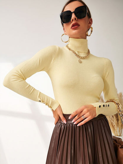 Leuven Ribbed Mock Neck Fitted Sweater with Button Cuffs