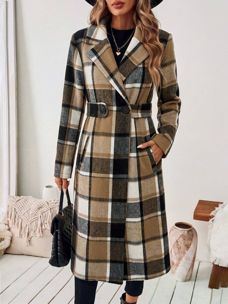 Josephine Belted Notched Collar Double-Breasted Long Coat - Cream Plaid