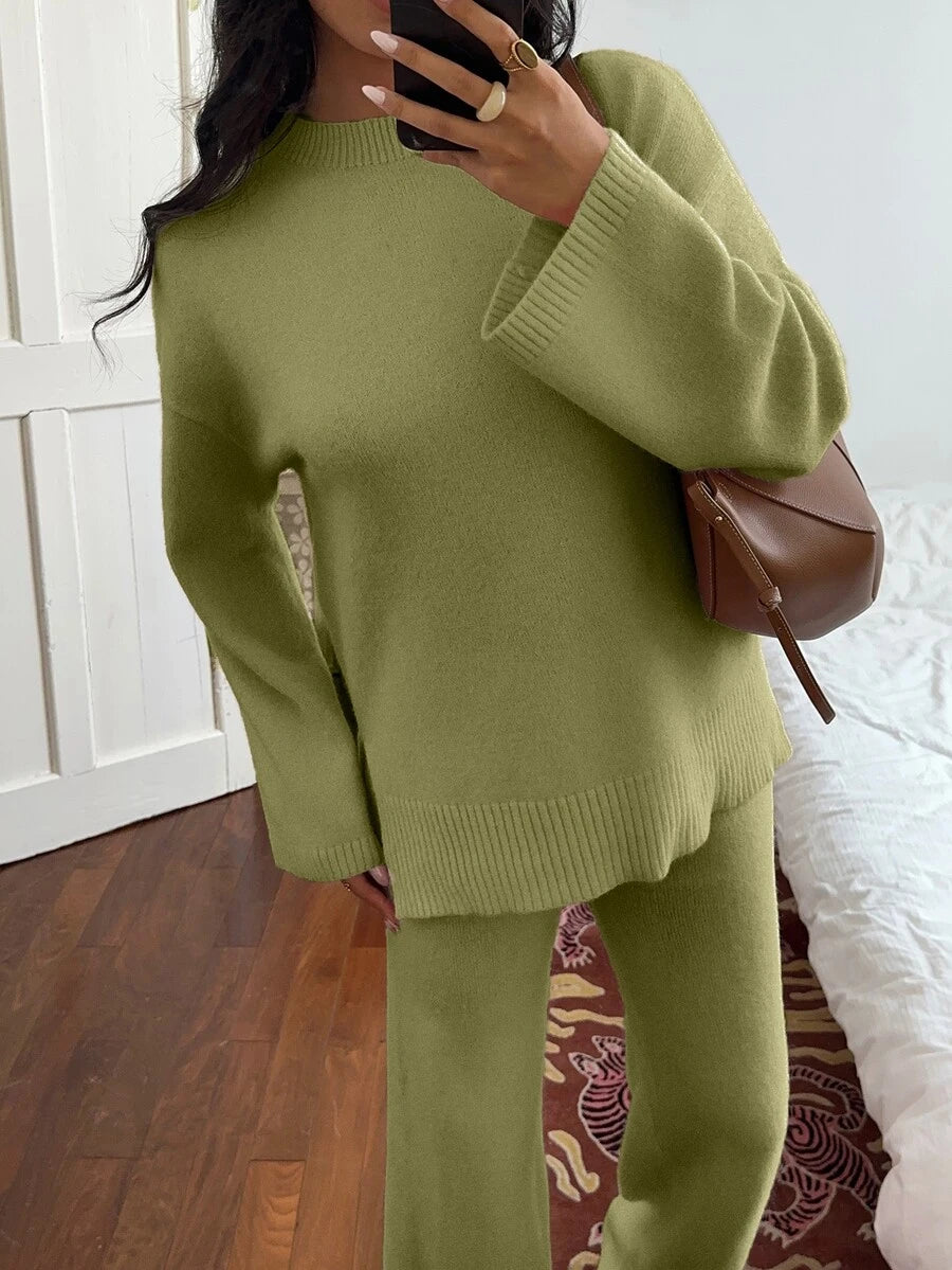 Davos Drop Shoulder Sweater and Knit Pants Set - Green