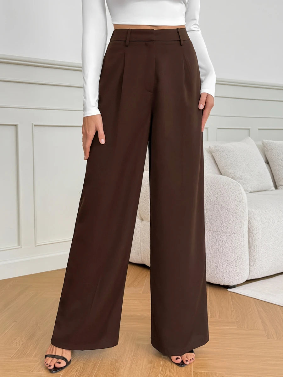 Isla High Waisted Wide Leg Pants with Pleated Front - Chocolate Brown
