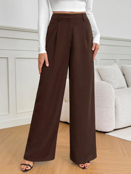 Isla High Waisted Wide Leg Pants with Pleated Front - Chocolate Brown