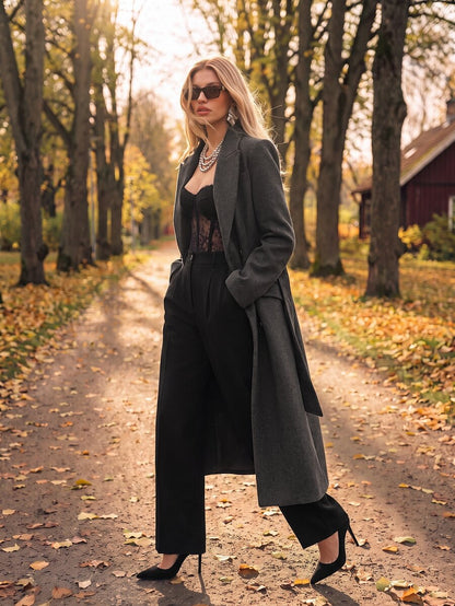 Valeska Belted Double-Breasted Lapel Long Coat with Pockets - Burgundy