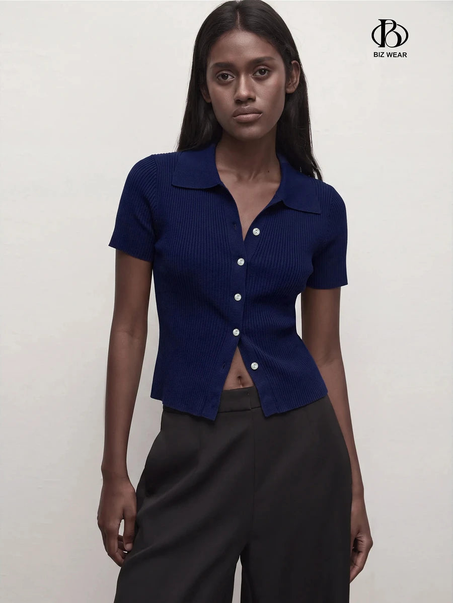 Vera Striped Short Sleeve Knit Top - Navy Blue