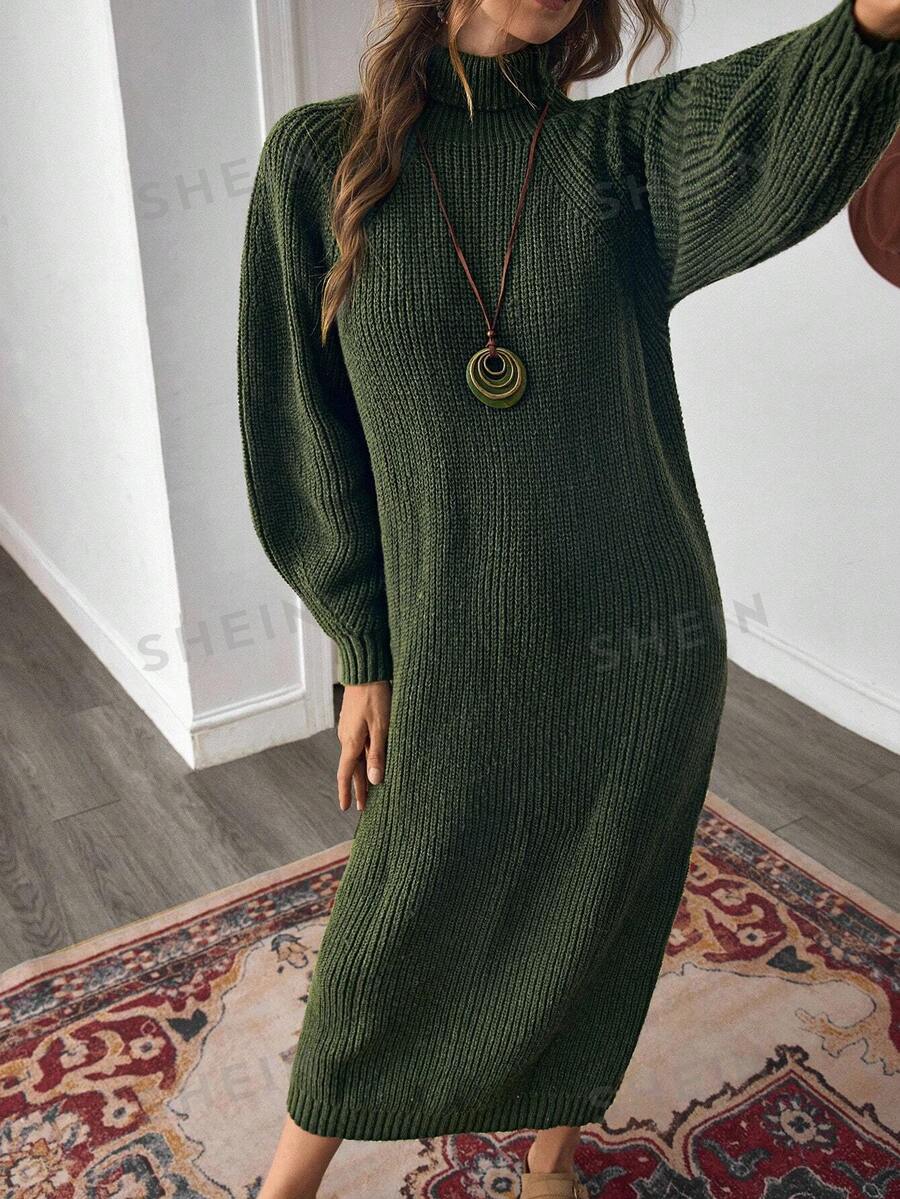 Anya High Neck Raglan Sleeve Sweater Dress - Black
