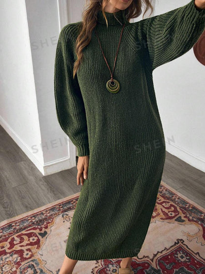 Anya High Neck Raglan Sleeve Sweater Dress - Black
