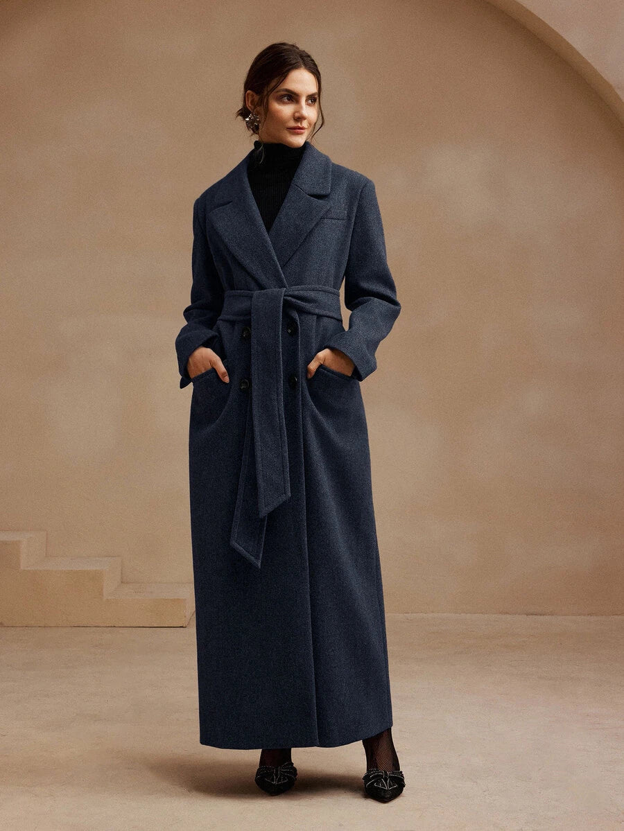 Valeska Belted Double-Breasted Lapel Long Coat with Pockets - Brown