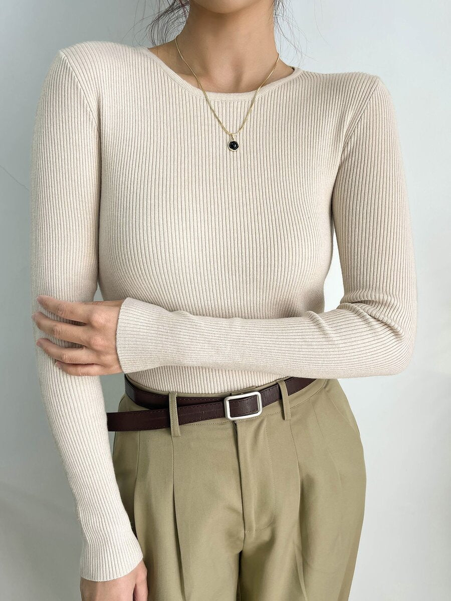 Krakow Ribbed Knit Crew Neck Fitted Pullover Sweater
