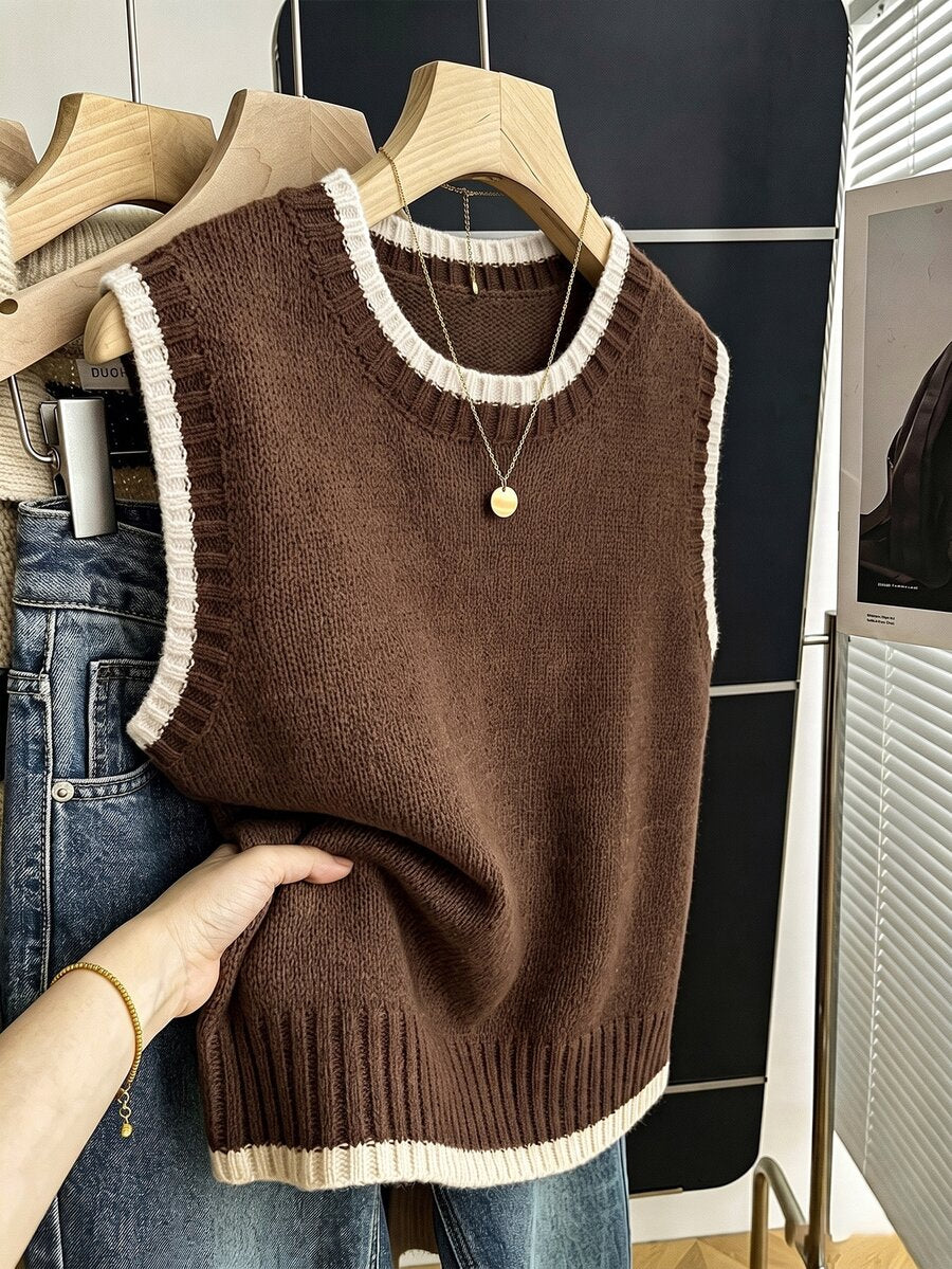 Beatrice Contrast Trim Sleeveless Knit Sweater Vest - Chocolate with Cream Trim