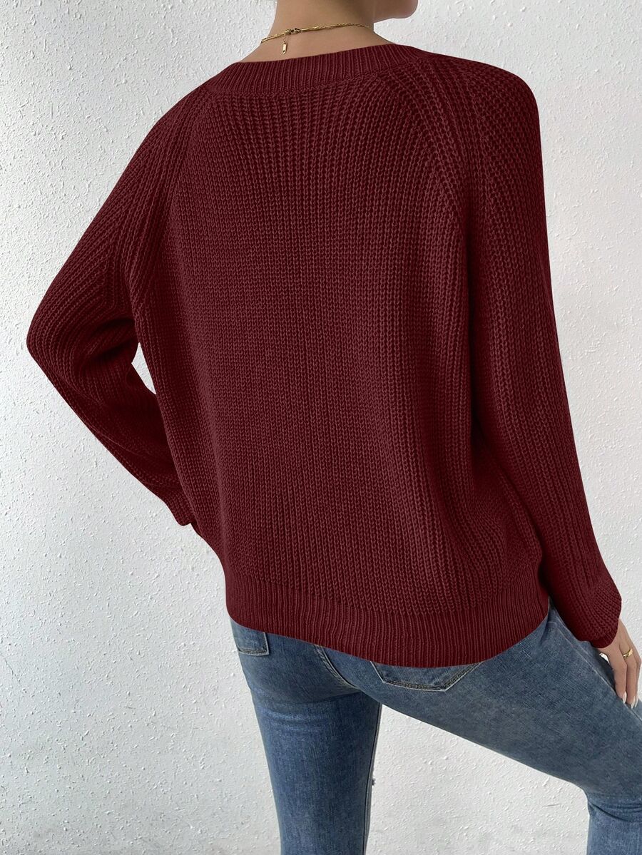 Aarhus V Neck Raglan Sleeve Ribbed Knit Sweater