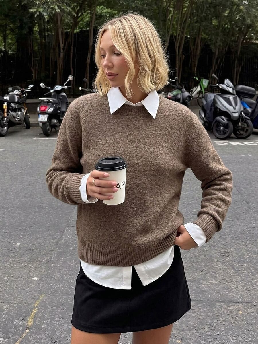 Women's Crew Neck Ribbed Knit Sweater, Fitted Pullover for Fall Winter - Coffee Brown