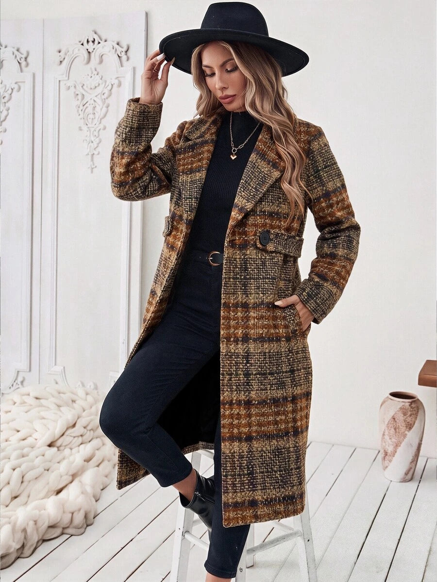 Josephine Belted Notched Collar Double-Breasted Long Coat - Brown Plaid