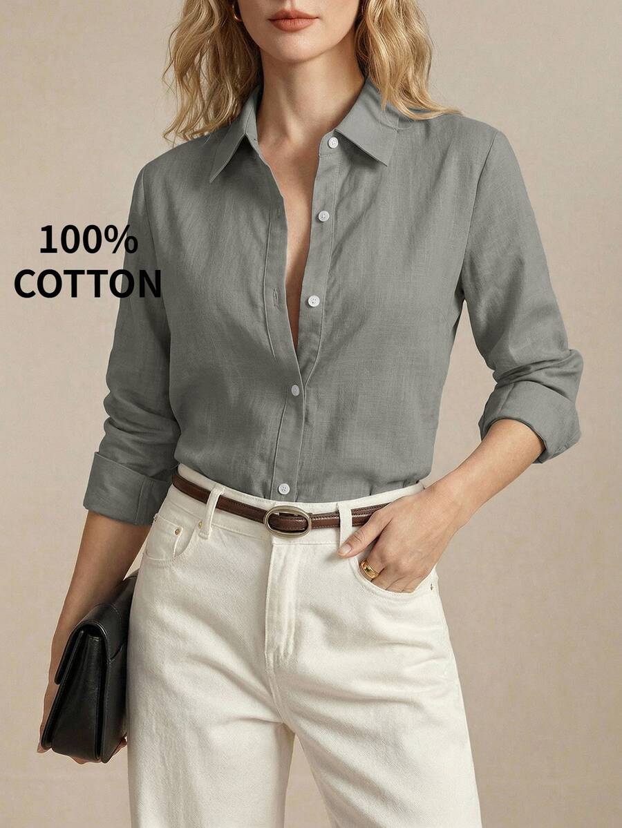 Arabella Classic Collared Button Down Long Sleeve Cotton Shirt - Grey
