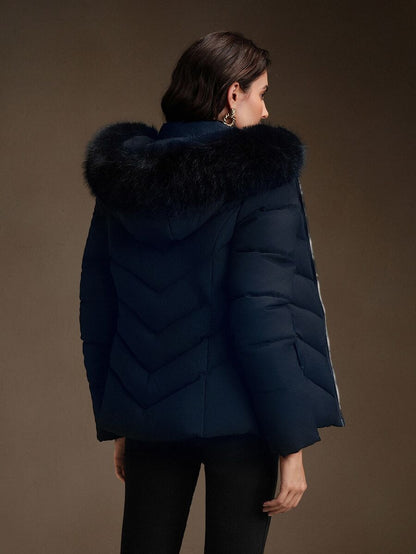 Blythe Faux Fur Trim Hooded Puffer Coat with Zip Front - Navy