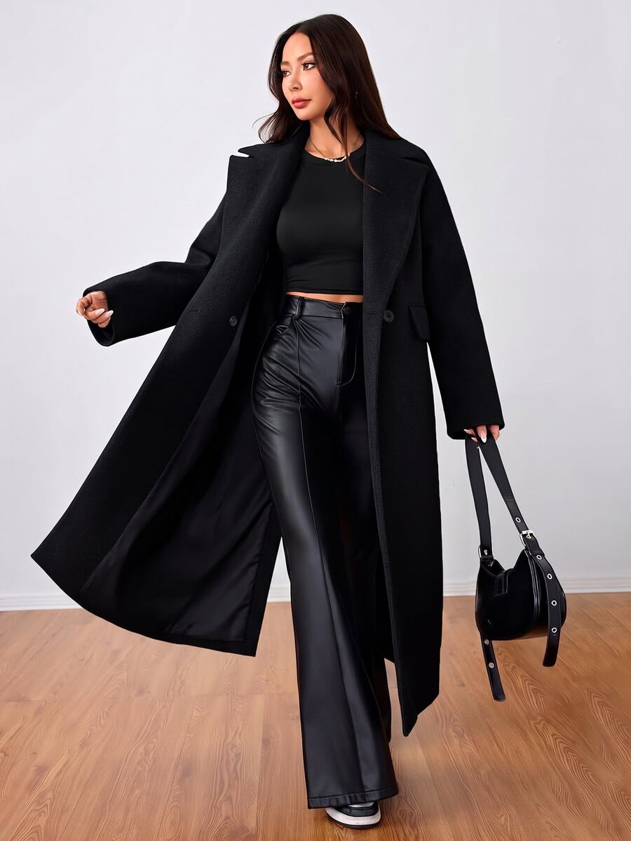 Jolie Oversized Double Breasted Long Coat with Lapel Collar - Black