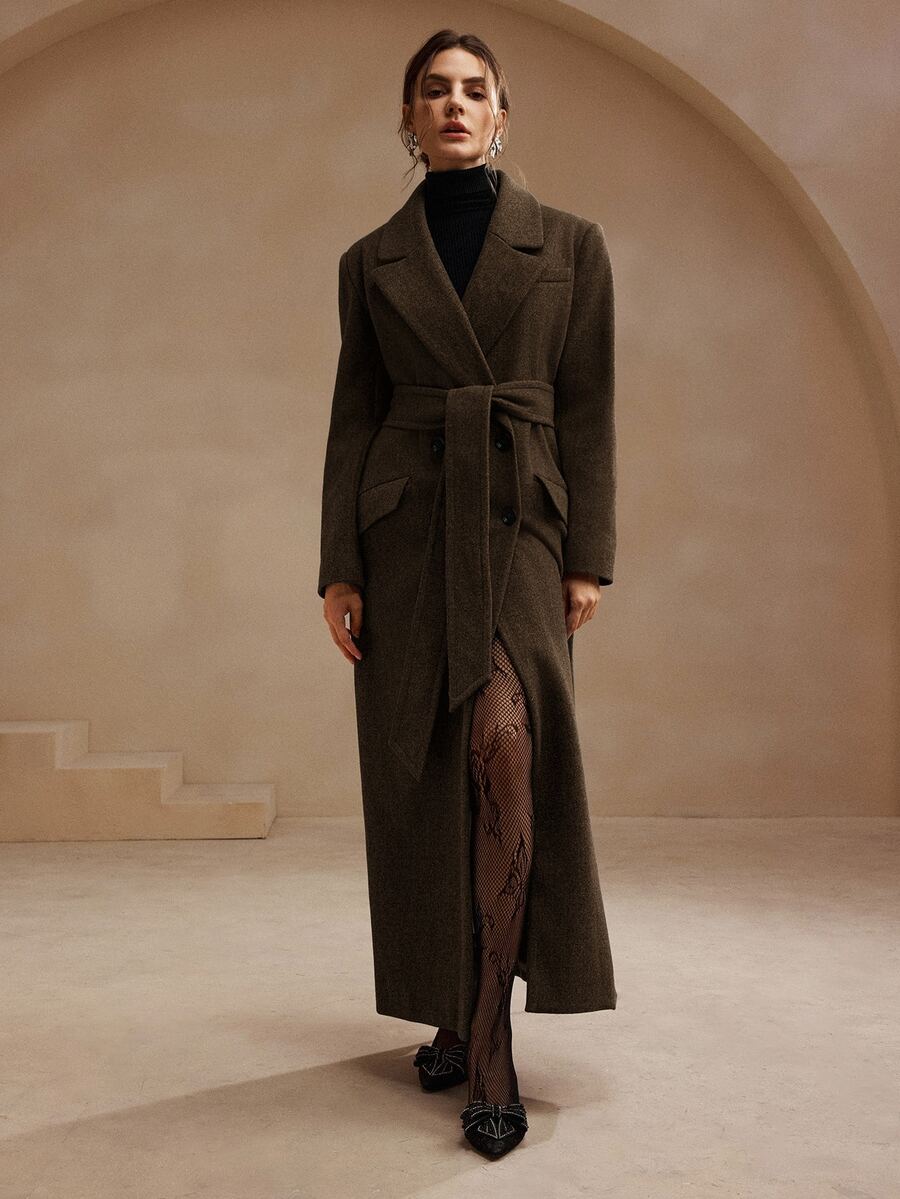 Heidelberg Belted Double Breasted Long Wrap Coat with Pockets