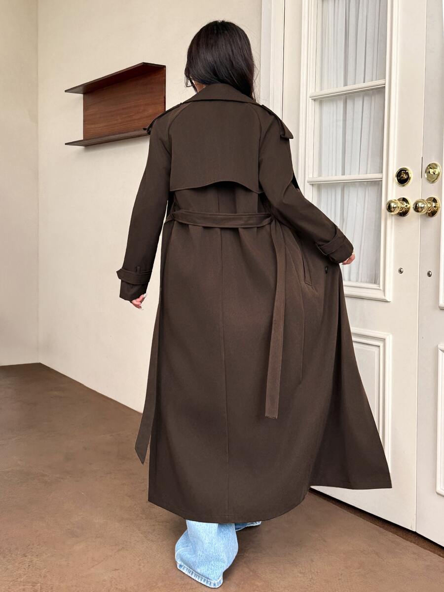 Madeleine Relaxed Double-Breasted Belted Long Trench Coat - Dark Brown