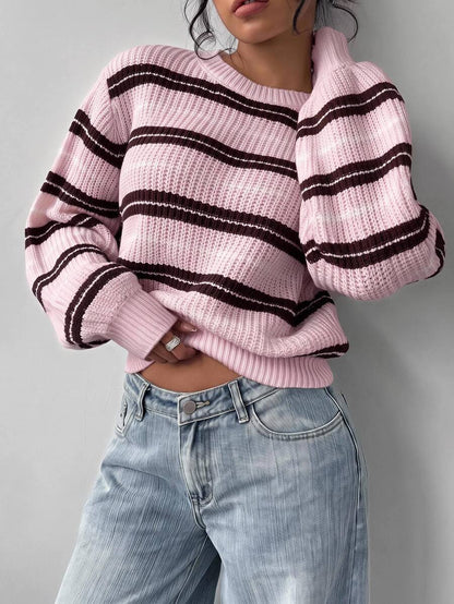 Aurelia Chunky Waffle Knit Crew Neck Relaxed Sweater - Pink Brown Stripe