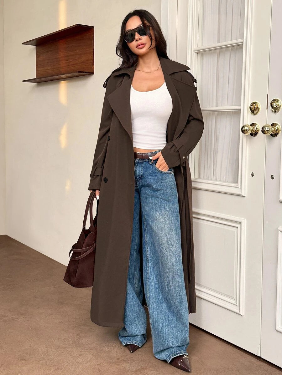 Madeleine Relaxed Double-Breasted Belted Long Trench Coat - Dark Brown