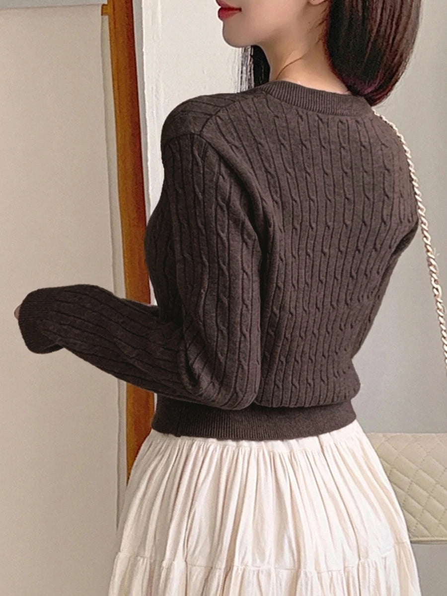Women's Fitted V-Neck Button Front Cardigan, Twist Knit Sweater for Work and Fall - Brown