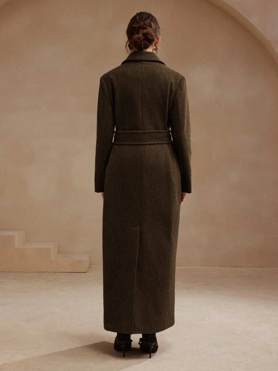 Valeska Belted Double-Breasted Lapel Long Coat with Pockets - Olive Green