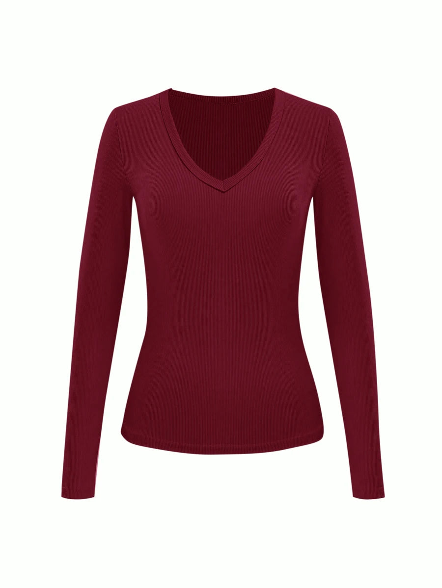 Siena Deep V Neck Ribbed Knit Long Sleeve Fitted Top