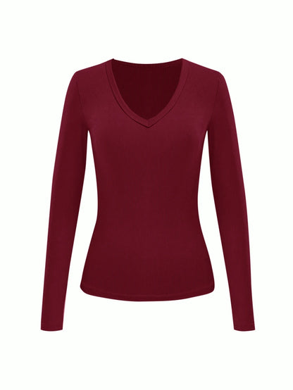 Siena Deep V Neck Ribbed Knit Long Sleeve Fitted Top