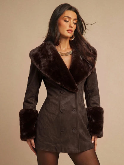 Saint Moritz Faux Fur Collar Double Breasted Faux Leather Jacket