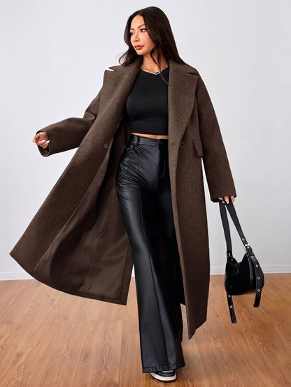Jolie Oversized Double Breasted Long Coat with Lapel Collar - Chocolate Brown