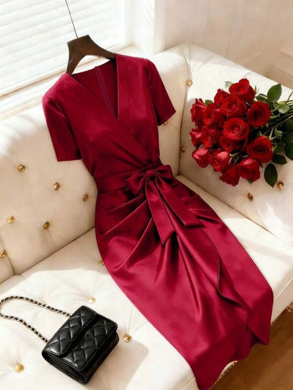 Women's Satin Wrap V-Neck Midi Dress, Silky Dress for Wedding Guest and Evening - Burgundy