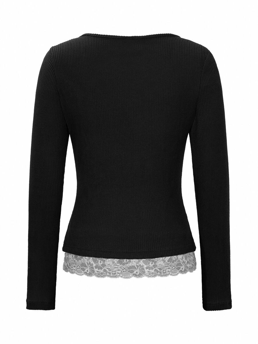 Asheville Lace Trim Layered Look Ribbed Long Sleeve Top
