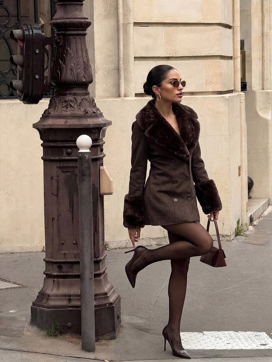 Saint Moritz Faux Fur Collar Double Breasted Faux Leather Jacket