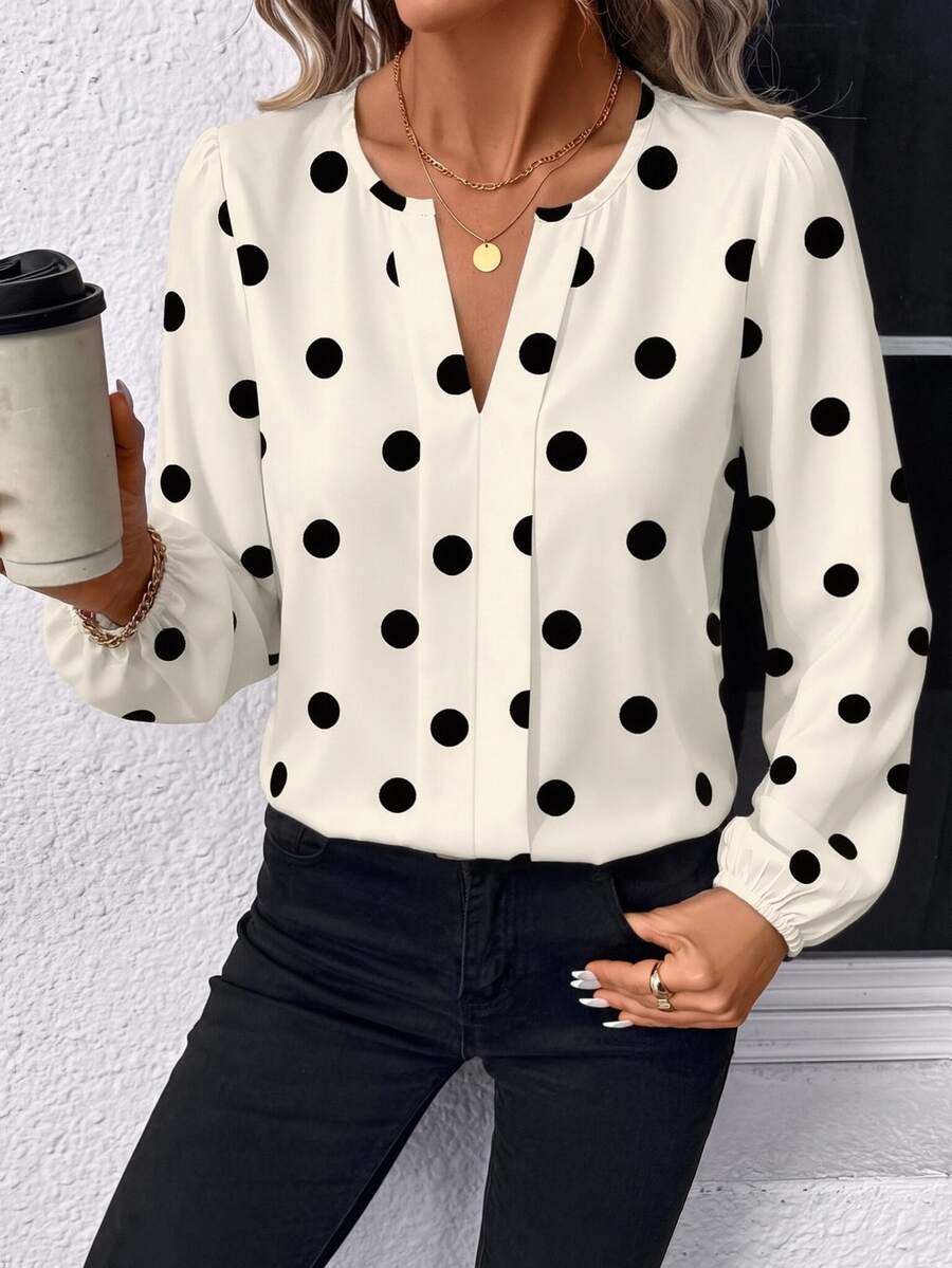 Nell Long Sleeve Blouse with Split V Neck and Lantern Sleeves - White Polka Dot