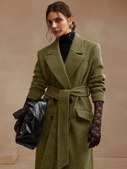 Valeska Belted Double-Breasted Lapel Long Coat with Pockets - Navy Blue