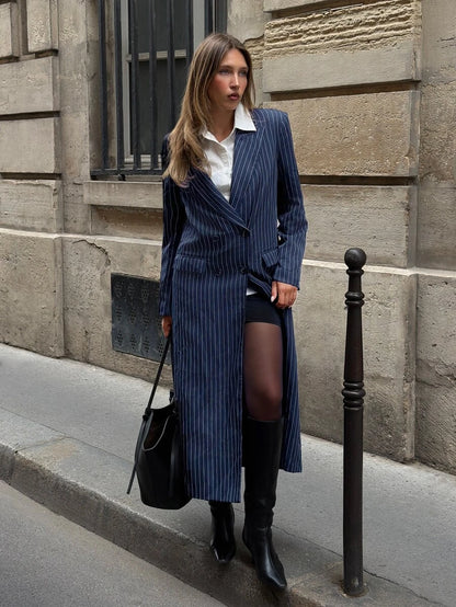 Delfina Double Breasted Herringbone Long Coat with Lapels - Navy Pinstripe