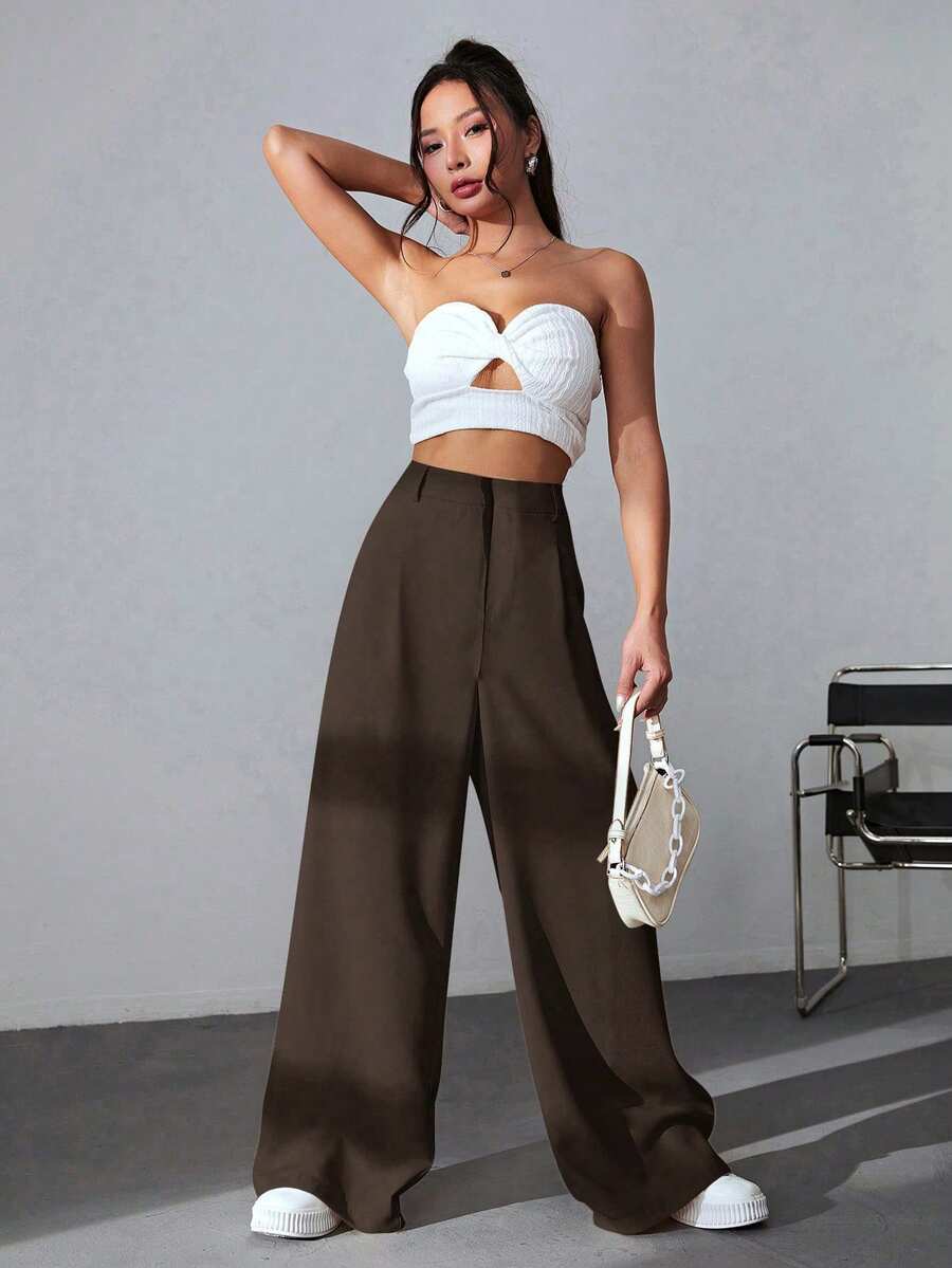 Carlotta High Waisted Straight Leg Trousers with Zip Fly - Black