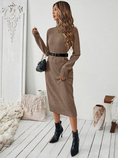 Severine Stand Collar Midi Sweater Dress with Side Split - Coffee Brown