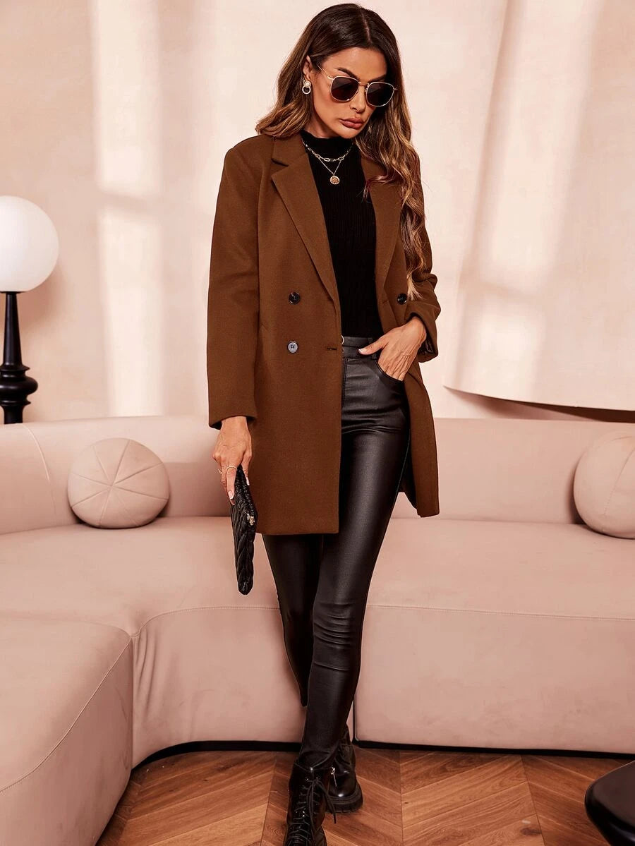 Aveline Double-Breasted Lapel Coat with Tailored Thigh-Length Cut - Brown