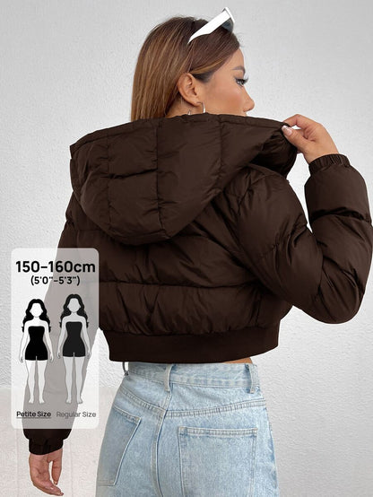 Annika Cropped Hooded Puffer Jacket with Zip Front - Chocolate Brown