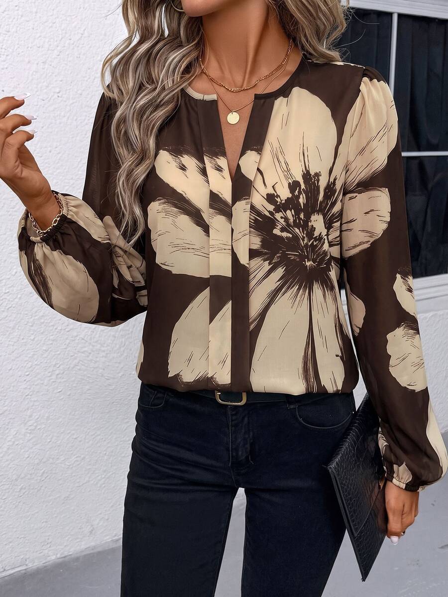 Nell Long Sleeve Blouse with Split V Neck and Lantern Sleeves - Brown Floral
