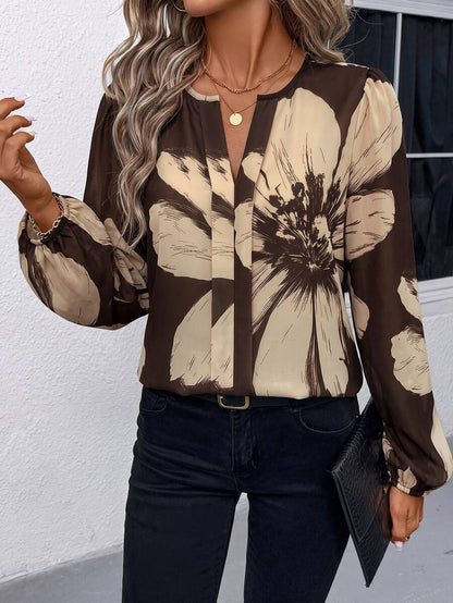 Nell Long Sleeve Blouse with Split V Neck and Lantern Sleeves - Brown Floral
