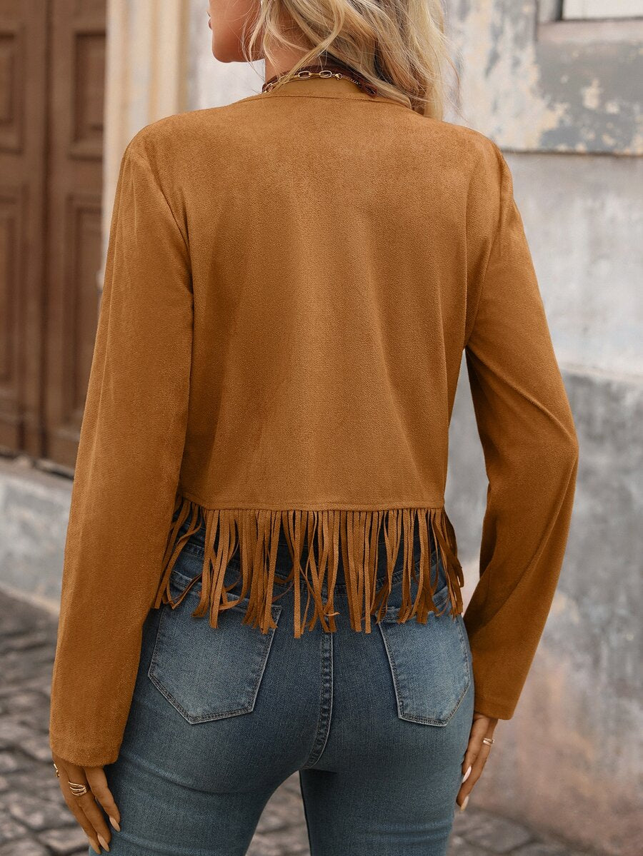Evangeline Fringe Trim Open Front Crop Jacket - Pink