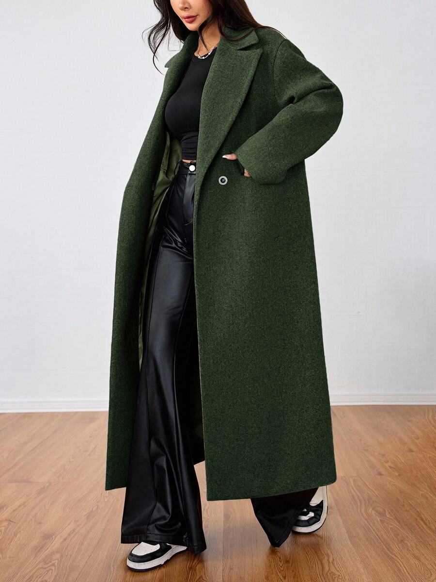 Jolie Oversized Double Breasted Long Coat with Lapel Collar - Forest Green