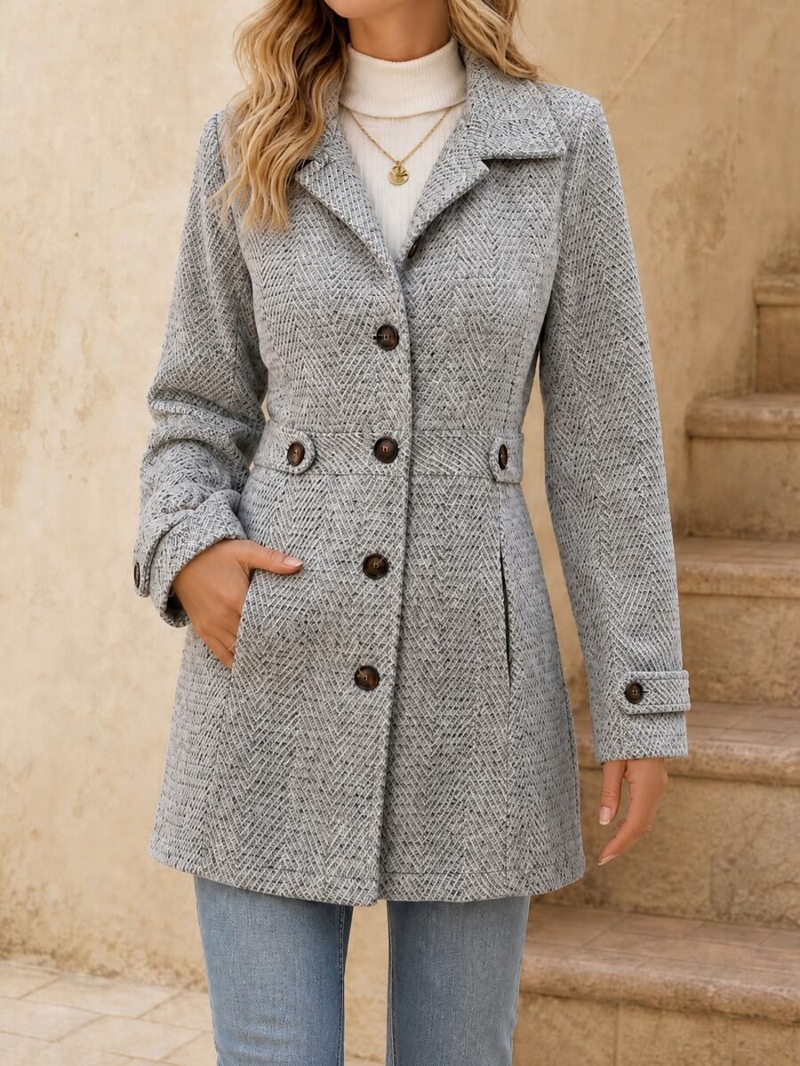 Juliana Single-Breasted Collared Coat with Button Front and Pockets - Light Grey