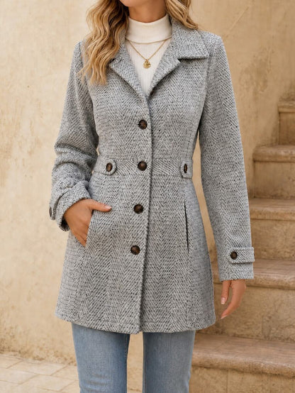Juliana Single-Breasted Collared Coat with Button Front and Pockets - Light Grey