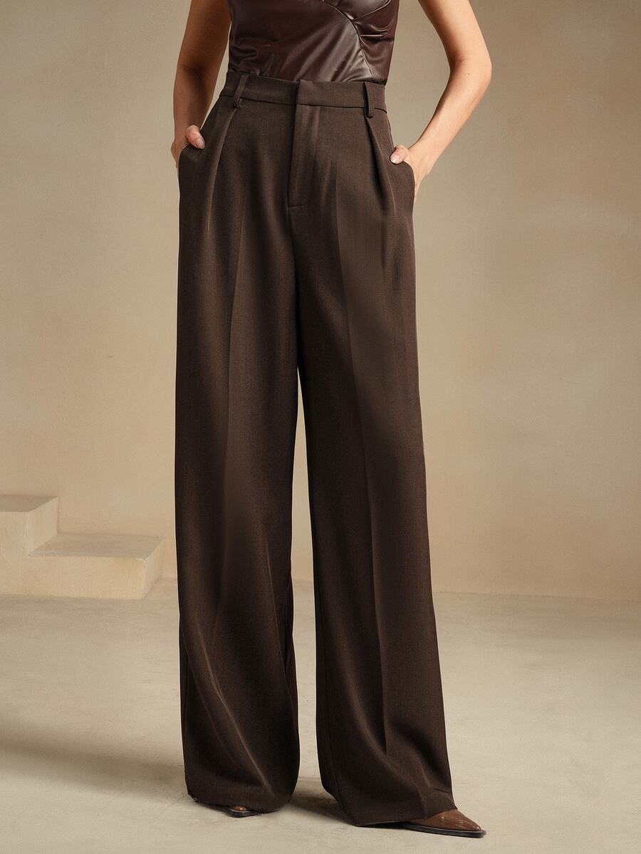 Tatiana Pleated High Waist Wide Leg Trousers with Pockets - Khaki