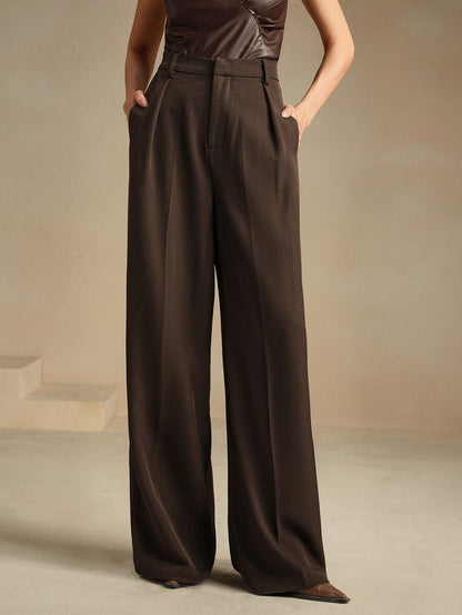 Tatiana Pleated High Waist Wide Leg Trousers with Pockets - Khaki