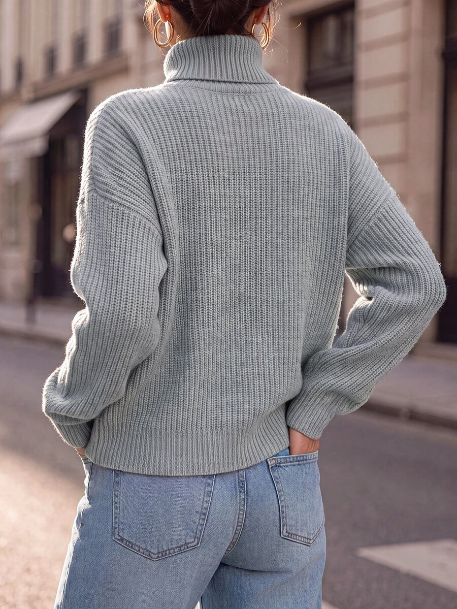 Wilhelmina Rib Knit Turtleneck Drop Shoulder Pullover Sweater - Royal Blue