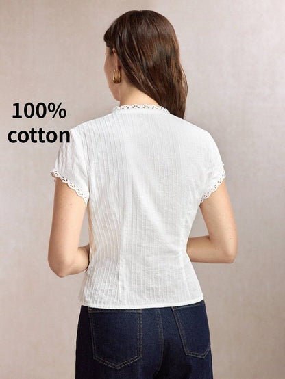 Mirabel Lace Trim Frog Button Short Sleeve Cotton Blouse - White